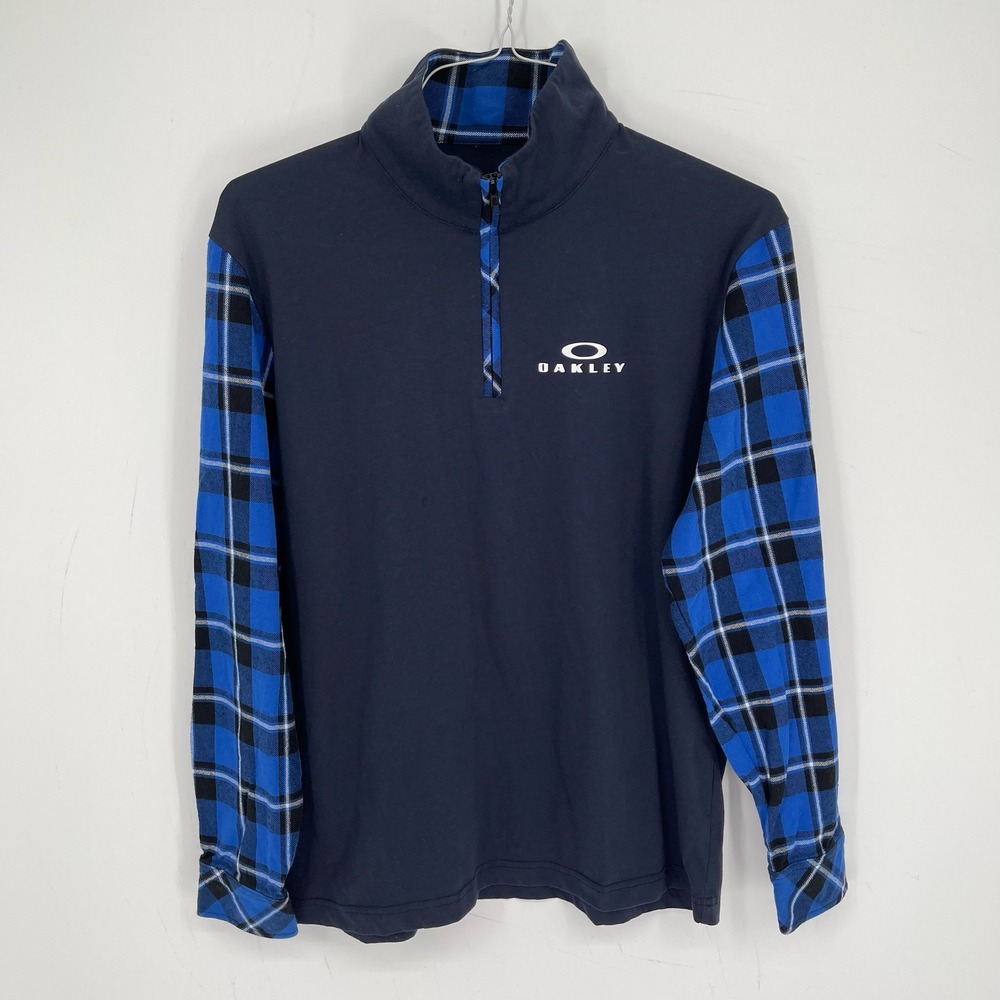 Coofandy Men's Navy Blue Plaid Sleeve Quarter Zip Pullover Approx. Size L